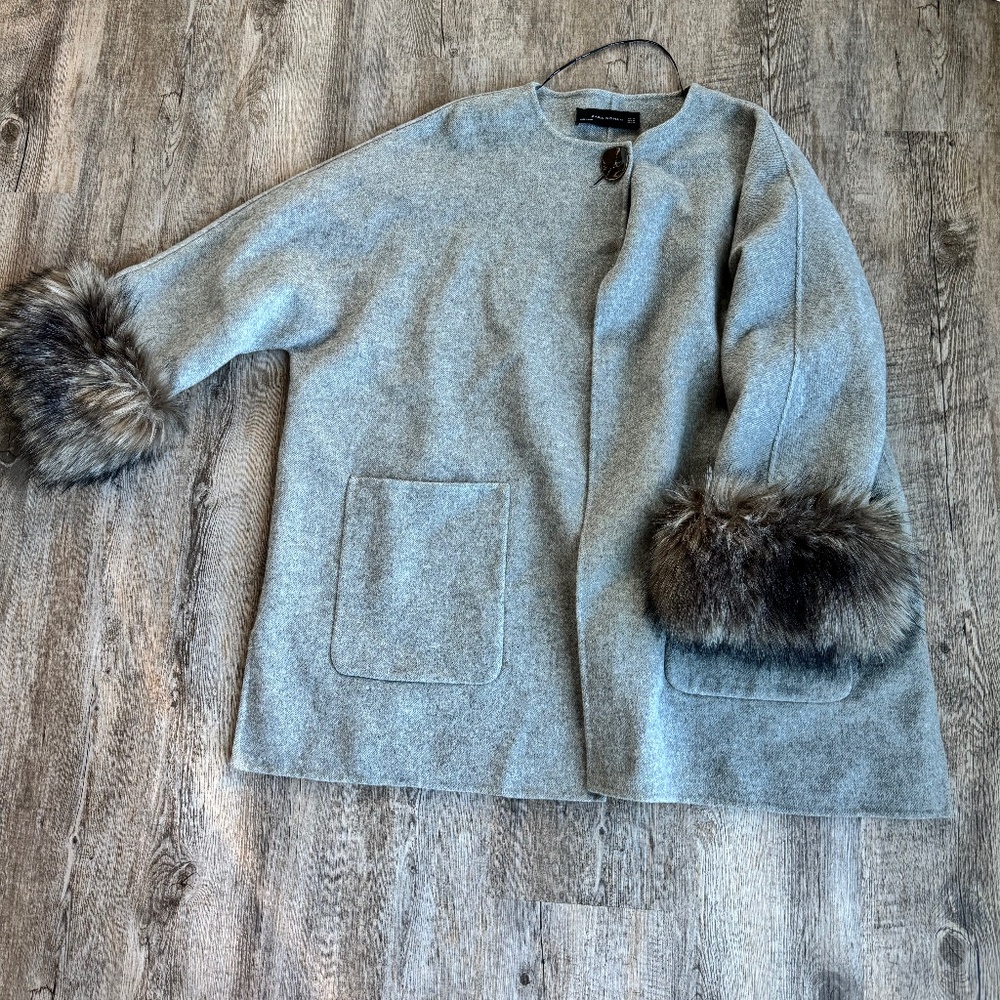 Zara Wool Jacket with Fur Cuffs - Size M